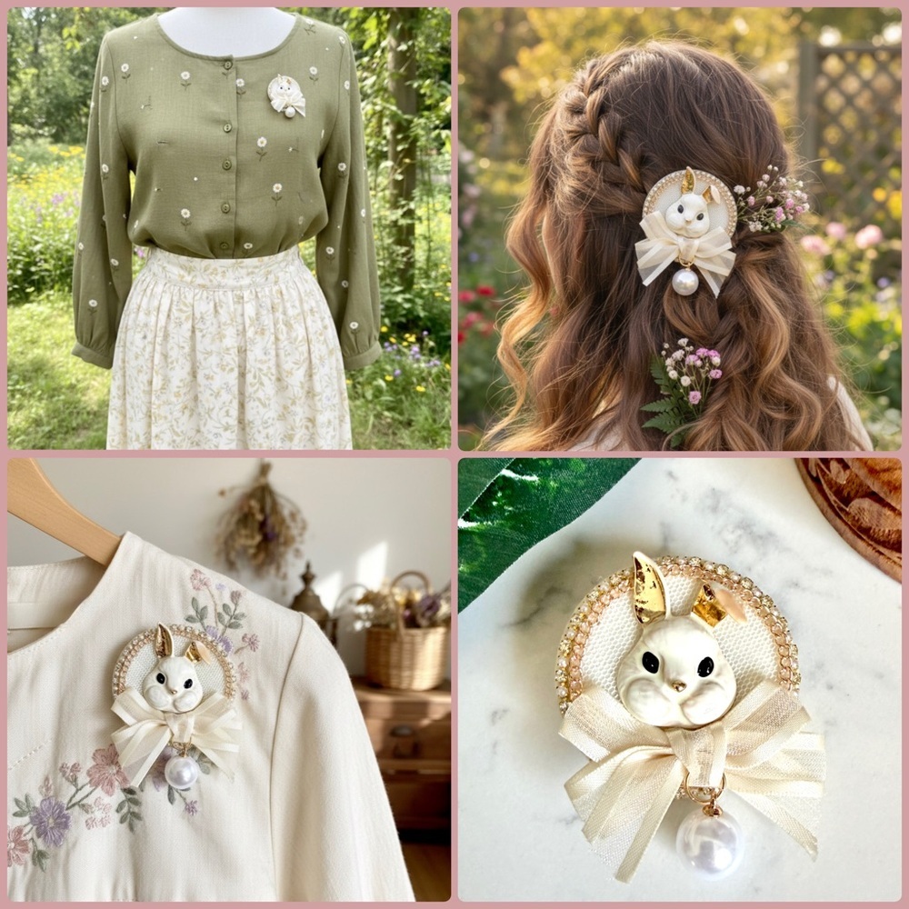 2/$30🌵 White Rabbit Bunny Hair Clip Brooch Lapel Pin Hair Accessory Cottagecore